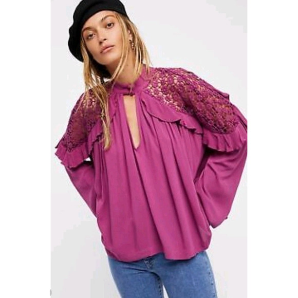 Free People Womens Medium Top Little Bit of Love Ruffle Raspberry Pink Lace - Picture 1 of 12